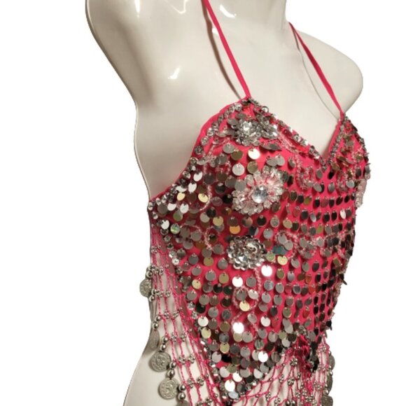Pink Sequin Halter Crop Top Silver Sequin Backless Belly Dancing Tops NEW - Picture 2 of 11